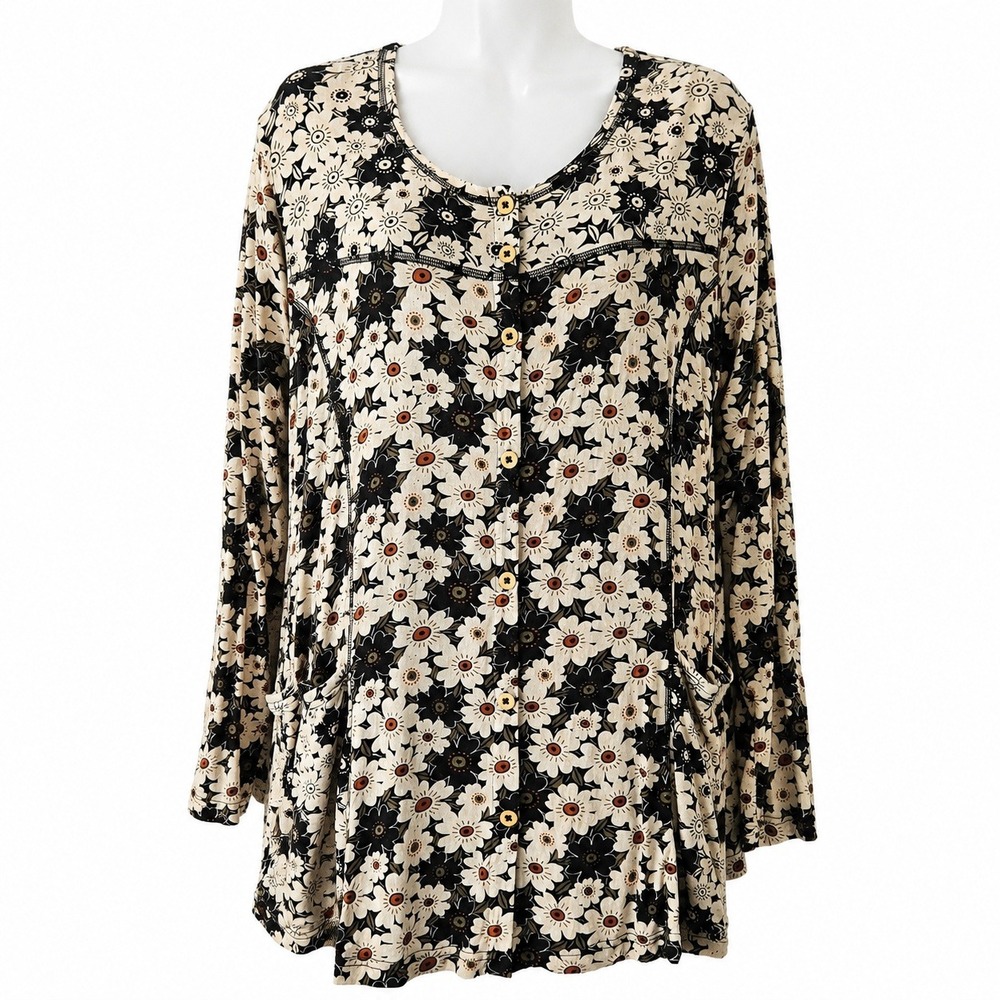 Gudrun Sjoden Tunic Top Womens L Beige Black Floral Button Front Modal Lagenlook